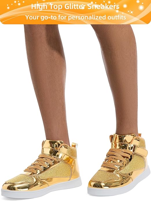 Women's Men's Mirror Metallic Finish High Top Sneakers with Glitter Accents